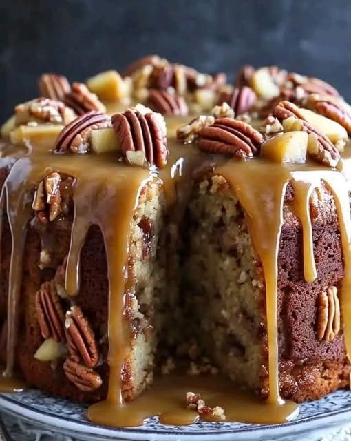 Apple Pecan Cake with Caramel Glaze