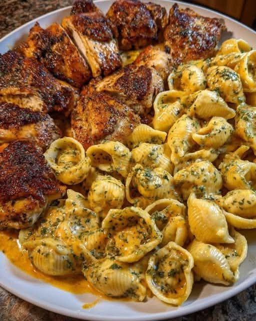 Garlic Cajun Chicken Shells in Velveeta Cream Sauce