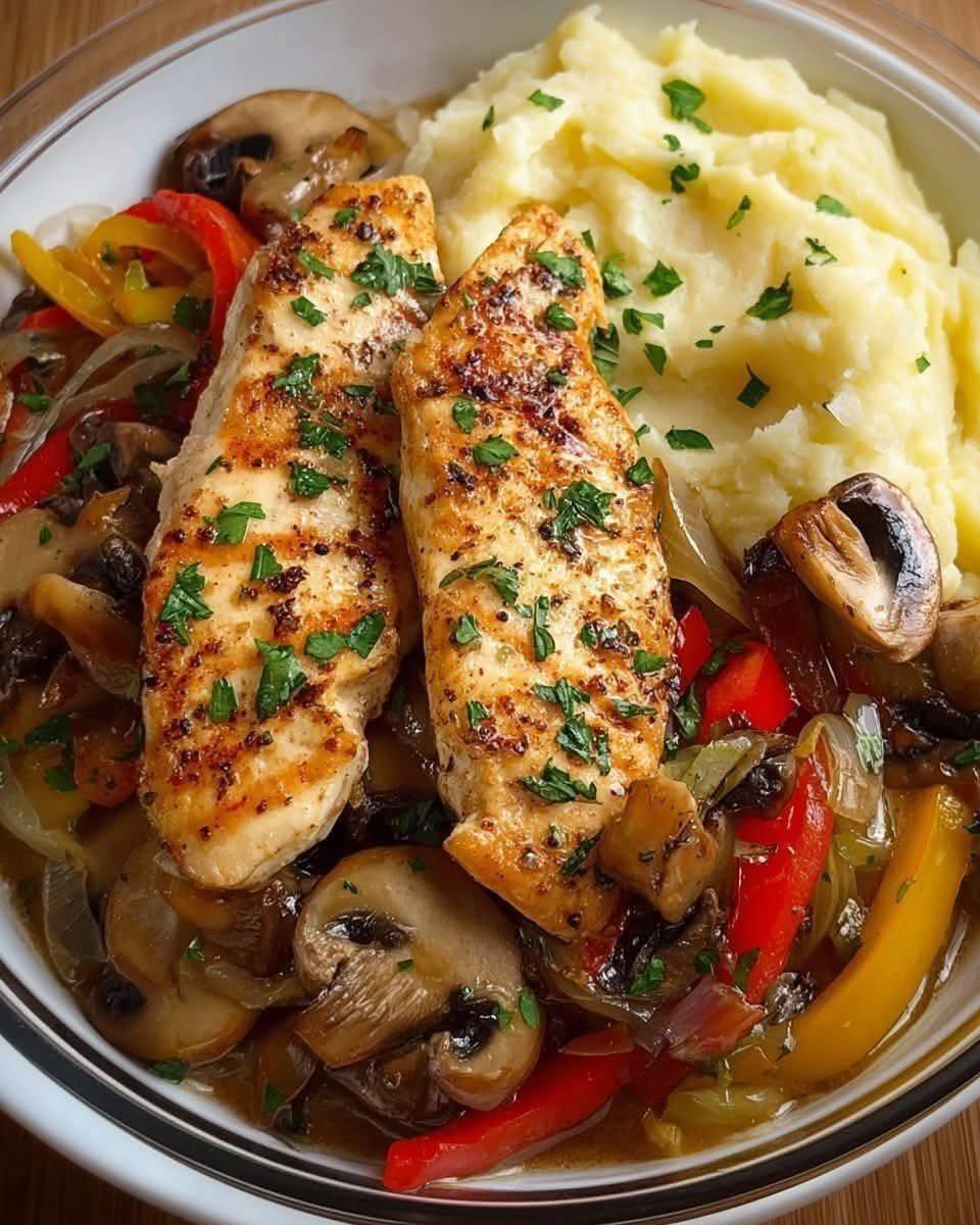 Garlic Butter Chicken with Mushrooms, Peppers & Mashed Potatoes