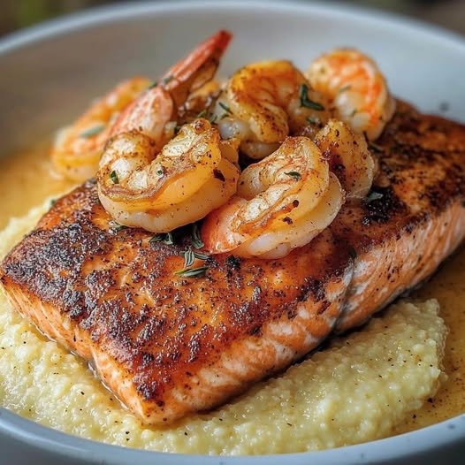 Shrimp and Salmon over Cheesy Grits